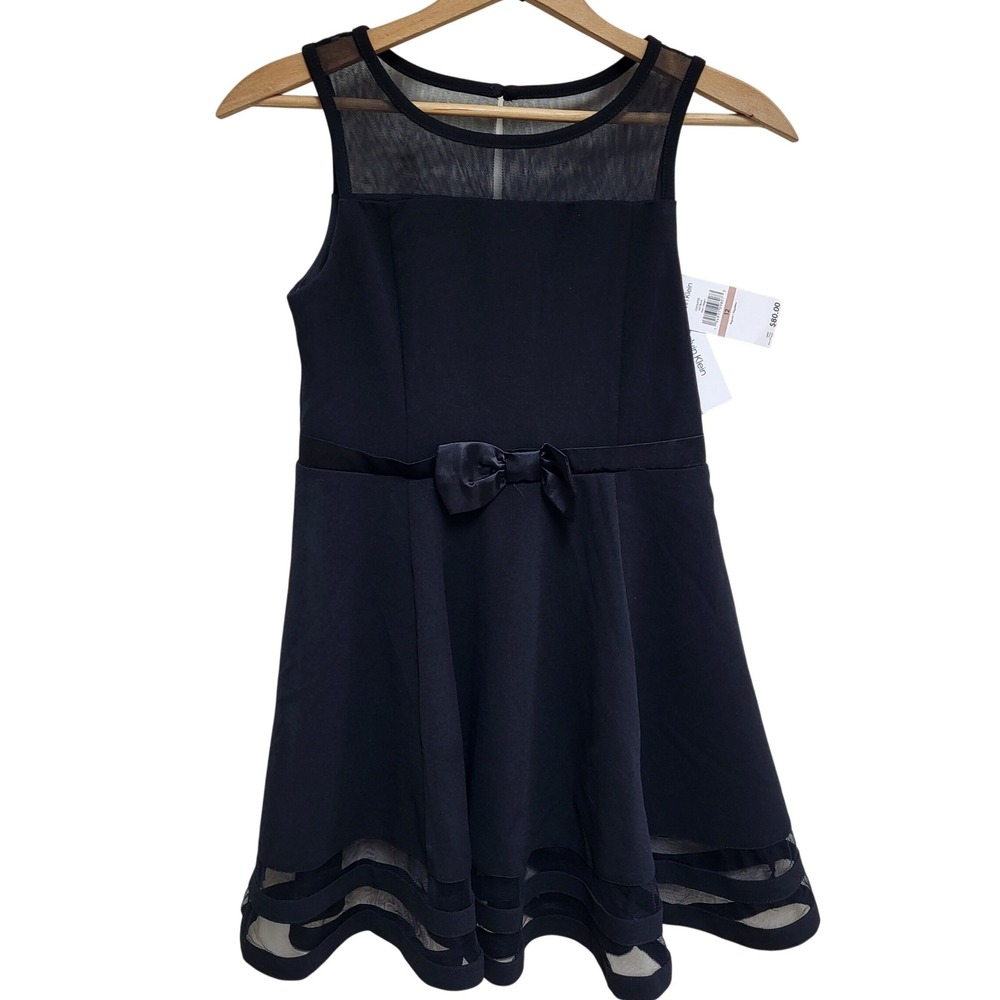 Calvin‎ Klein Girls Size 12 Black Mesh Overlay Bow Detail Fit Flare Dress NWT